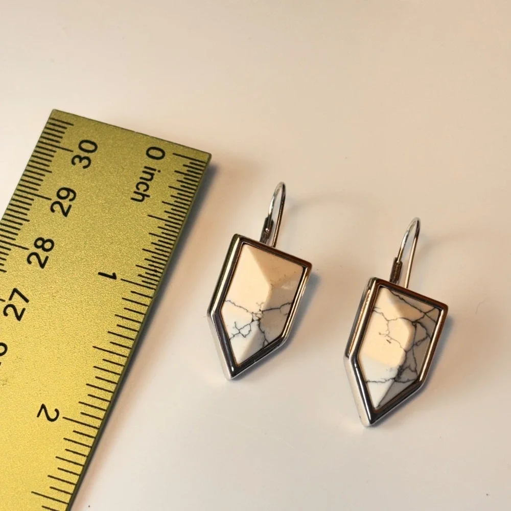 Geometric Shield Drop Earrings White Marble Silver Tone Boho Statement Modern